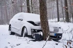 A car covered in snow that has crashed into a tree