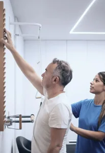 A man reaching high on a wall while a medical professional looks on