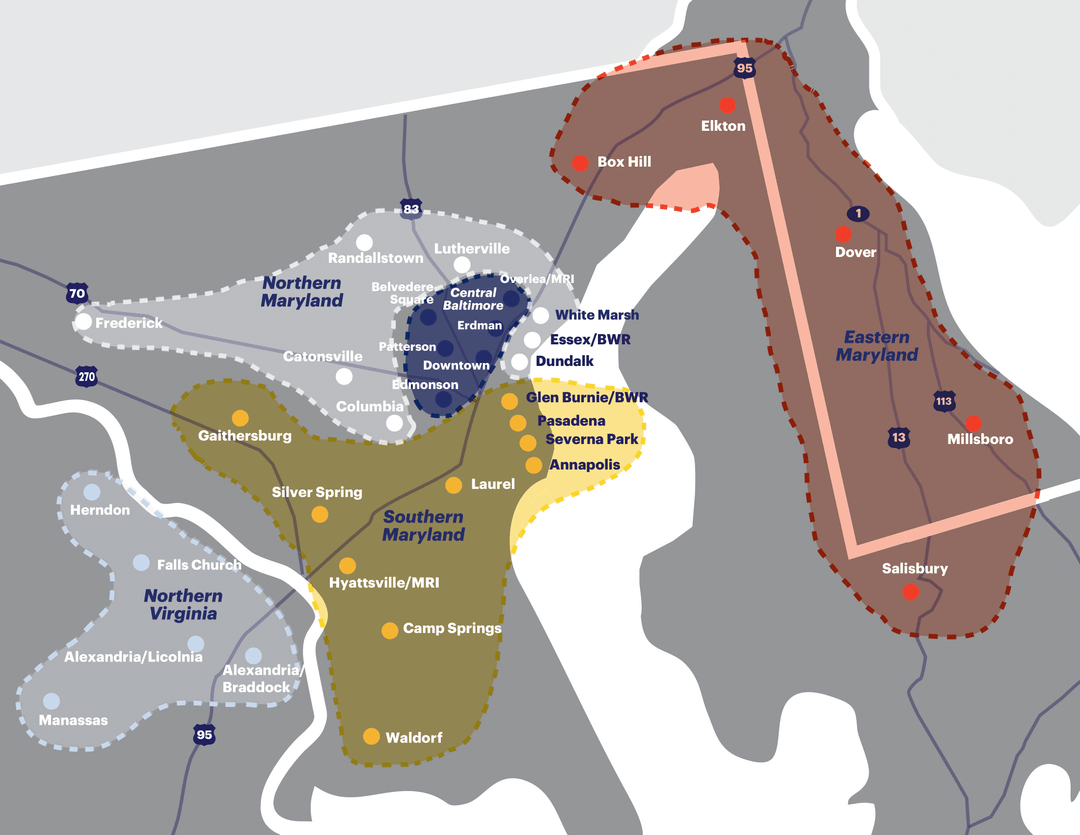 Map of Excelsia's Mid-Atlantic locations